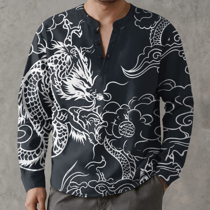 Buddha Stones Herren-Langarmhemd aus Baumwolle mit chinesischem Drachen- und Wolkenmuster, V-Ausschnitt und Knöpfen - Schwarz - US/ UK/AU48, EU58 (4XL) - image 7