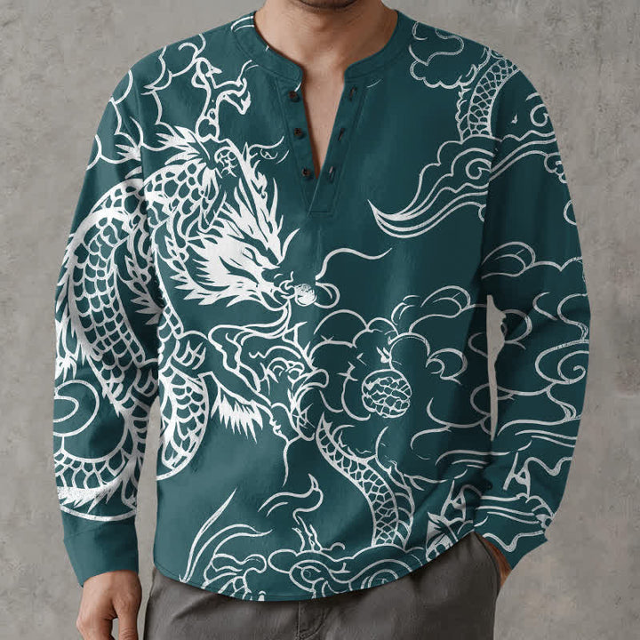 Buddha Stones Herren-Langarmhemd aus Baumwolle mit chinesischem Drachen- und Wolkenmuster, V-Ausschnitt und Knöpfen - Türkis - US/ UK/AU48, EU58 (4XL) - image 14