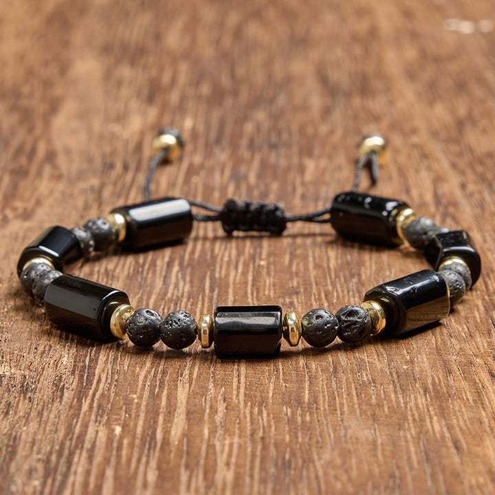 Buddha Stones Schwarzes Onyx-Lavastein-Schutzarmband, geflochten, verstellbar - Schwarzer Onyx (Handgelenkumfang: 15-16 cm) - image 0