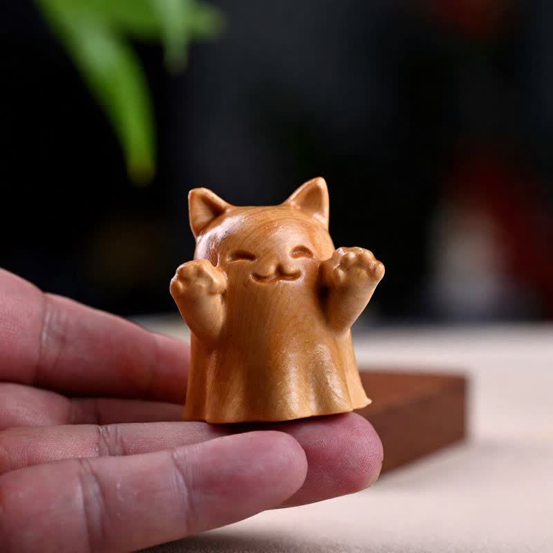 Buddha Stones Geschnitzte, zwinkernde Katze aus Kiefernholz – süße Tierdekoration - image 6