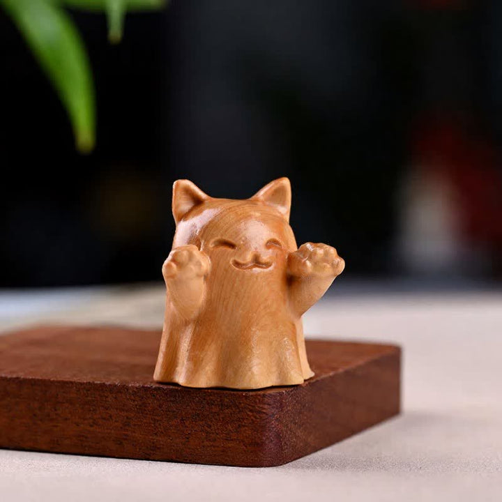 Buddha Stones Geschnitzte, zwinkernde Katze aus Kiefernholz – süße Tierdekoration - Lächeln ca. 5 cm - image 5