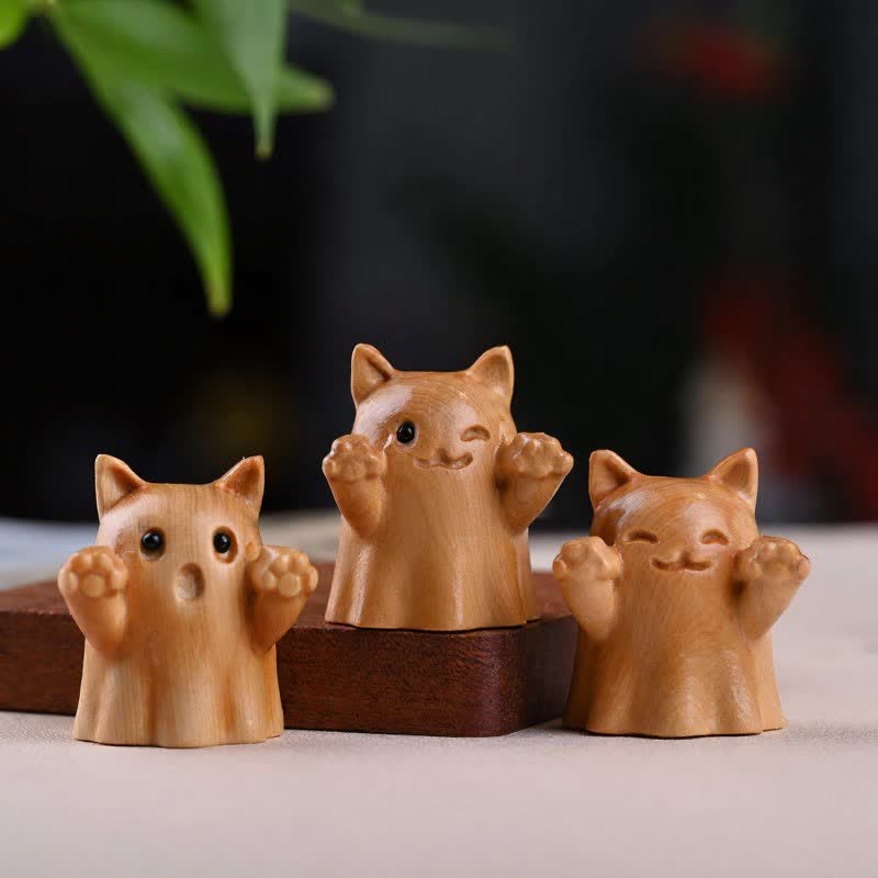 Buddha Stones Geschnitzte, zwinkernde Katze aus Kiefernholz – süße Tierdekoration - image 8
