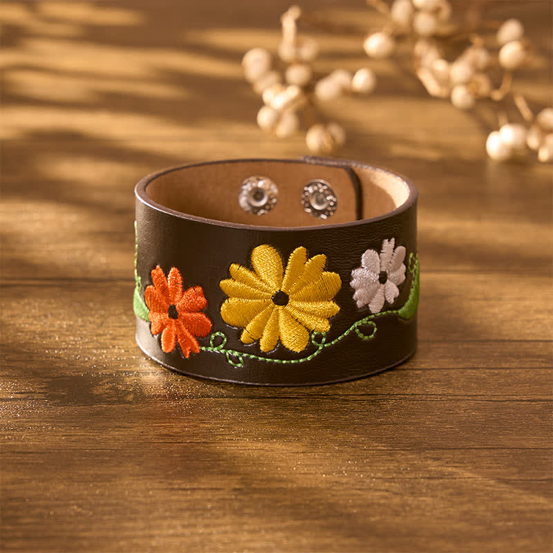 Buddha Stones Handgewebtes Lederarmband mit Blumenstickerei zum Schutz - image 3