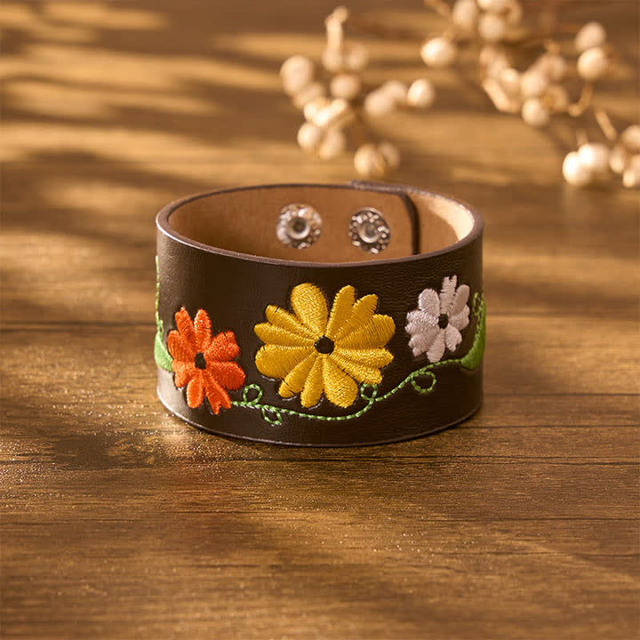Buddha Stones Handgewebtes Lederarmband mit Blumenstickerei zum Schutz - image 3