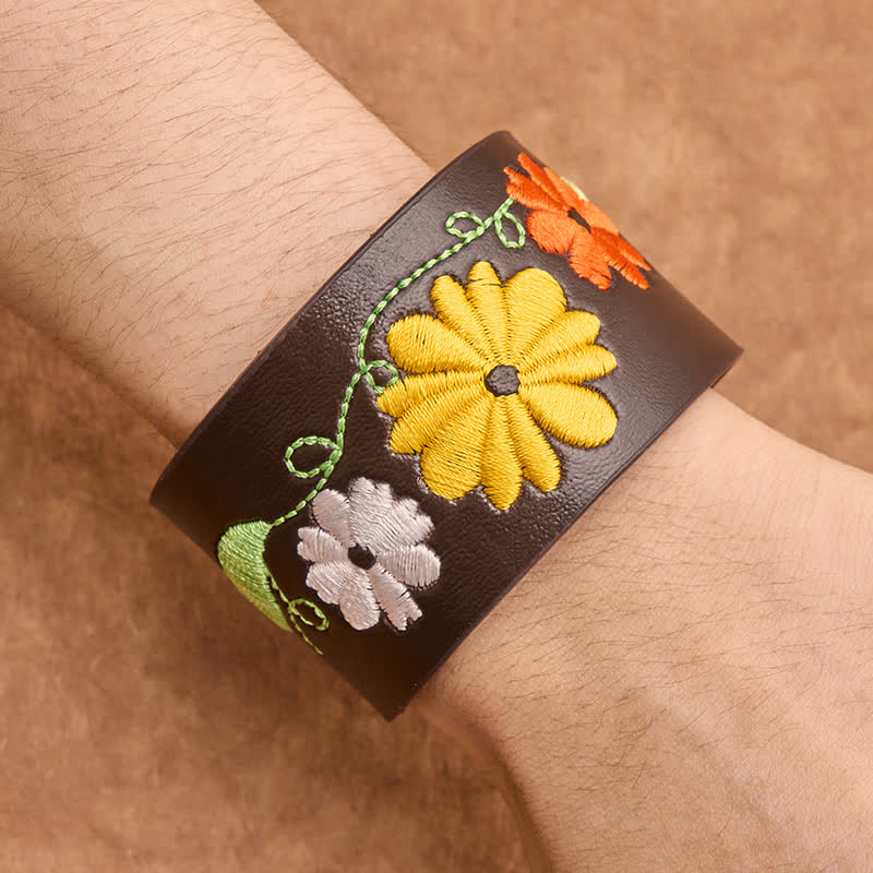 Buddha Stones Handgewebtes Lederarmband mit Blumenstickerei zum Schutz - image 4