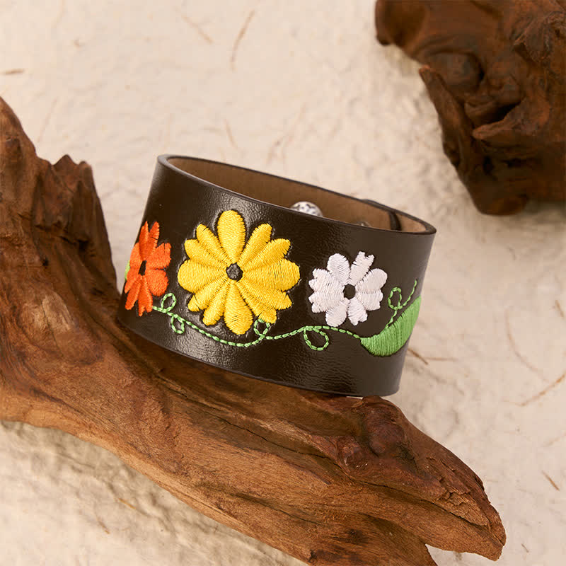 Buddha Stones Handgewebtes Lederarmband mit Blumenstickerei zum Schutz - image 2