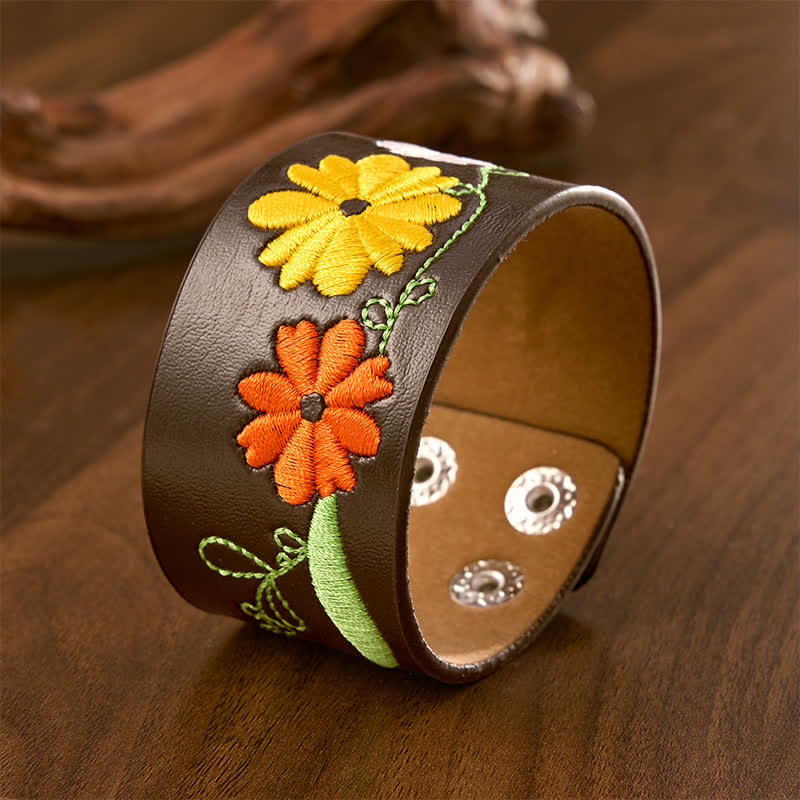 Buddha Stones Handgewebtes Lederarmband mit Blumenstickerei zum Schutz - image 1