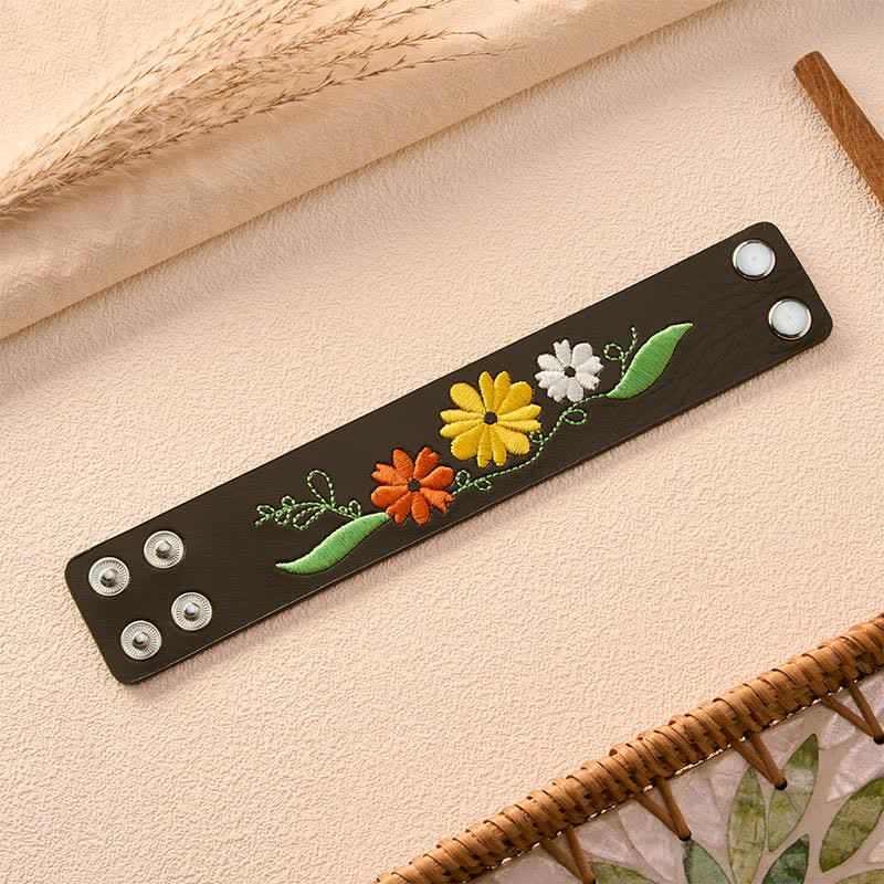 Buddha Stones Handgewebtes Lederarmband mit Blumenstickerei zum Schutz - image 5