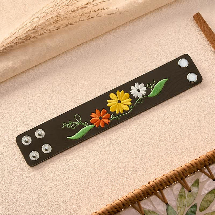 Buddha Stones Handgewebtes Lederarmband mit Blumenstickerei zum Schutz - image 5