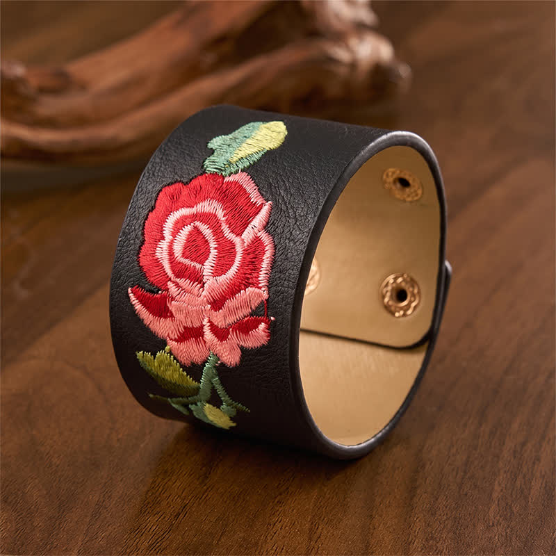 Buddha Stones Lederarmband mit Rosenstickerei und breiter Schutzschnalle - image 2