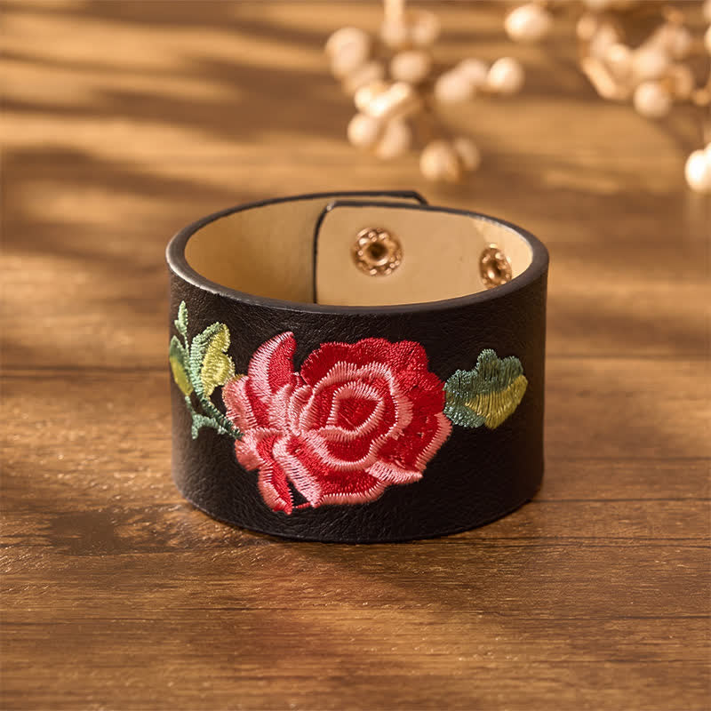 Buddha Stones Lederarmband mit Rosenstickerei und breiter Schutzschnalle - image 1