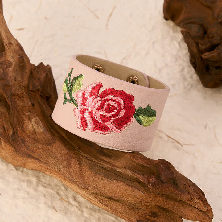Buddha Stones Lederarmband mit Rosenstickerei und breiter Schutzschnalle - image 10