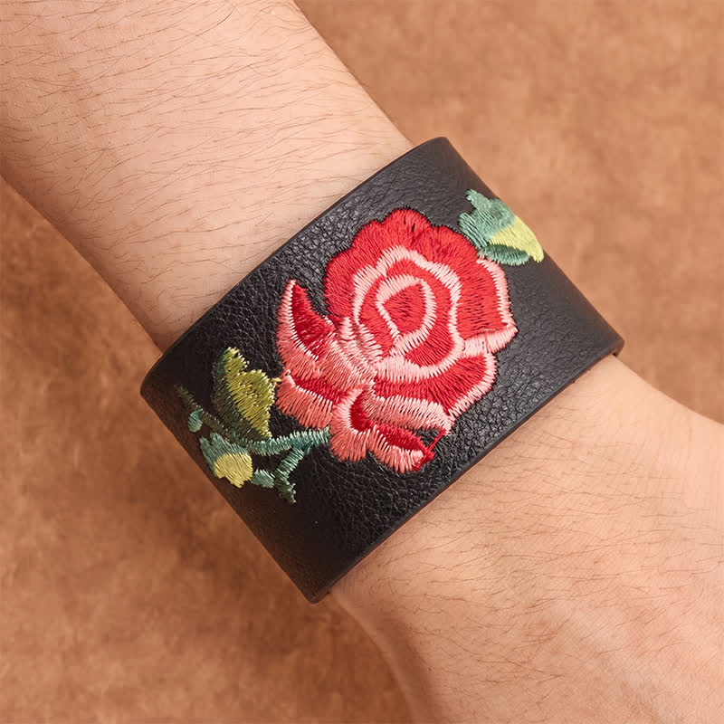 Buddha Stones Lederarmband mit Rosenstickerei und breiter Schutzschnalle - image 4