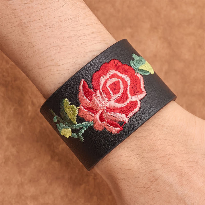 Buddha Stones Lederarmband mit Rosenstickerei und breiter Schutzschnalle - image 4