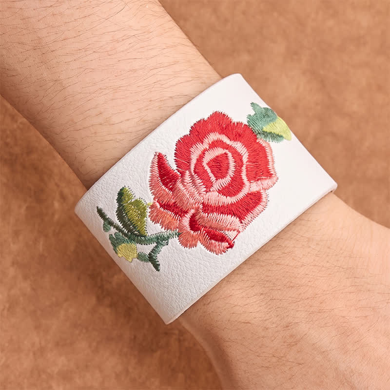 Buddha Stones Lederarmband mit Rosenstickerei und breiter Schutzschnalle - image 25