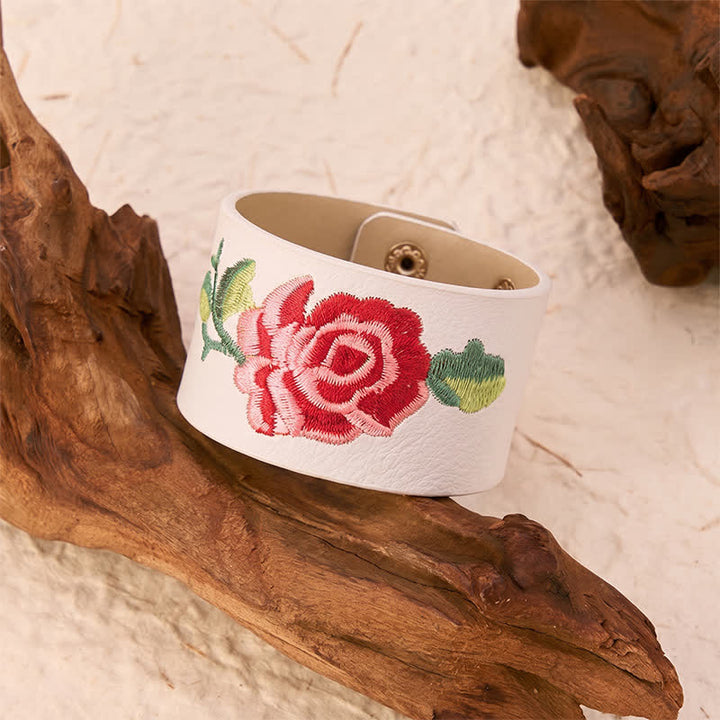 Buddha Stones Lederarmband mit Rosenstickerei und breiter Schutzschnalle - image 24