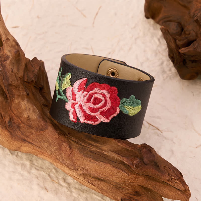 Buddha Stones Lederarmband mit Rosenstickerei und breiter Schutzschnalle - image 3