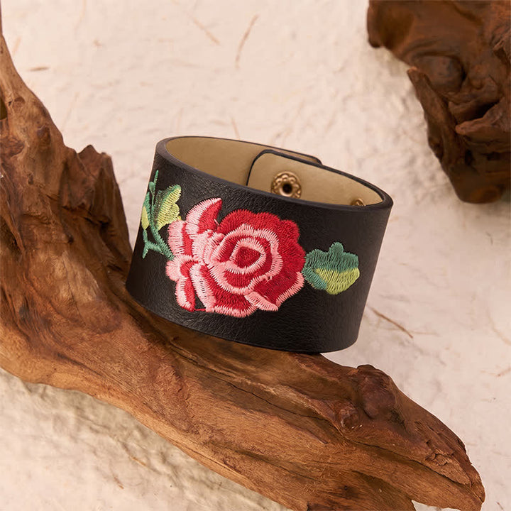 Buddha Stones Lederarmband mit Rosenstickerei und breiter Schutzschnalle - image 3