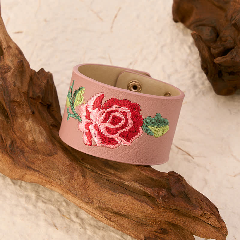 Buddha Stones Lederarmband mit Rosenstickerei und breiter Schutzschnalle - image 17