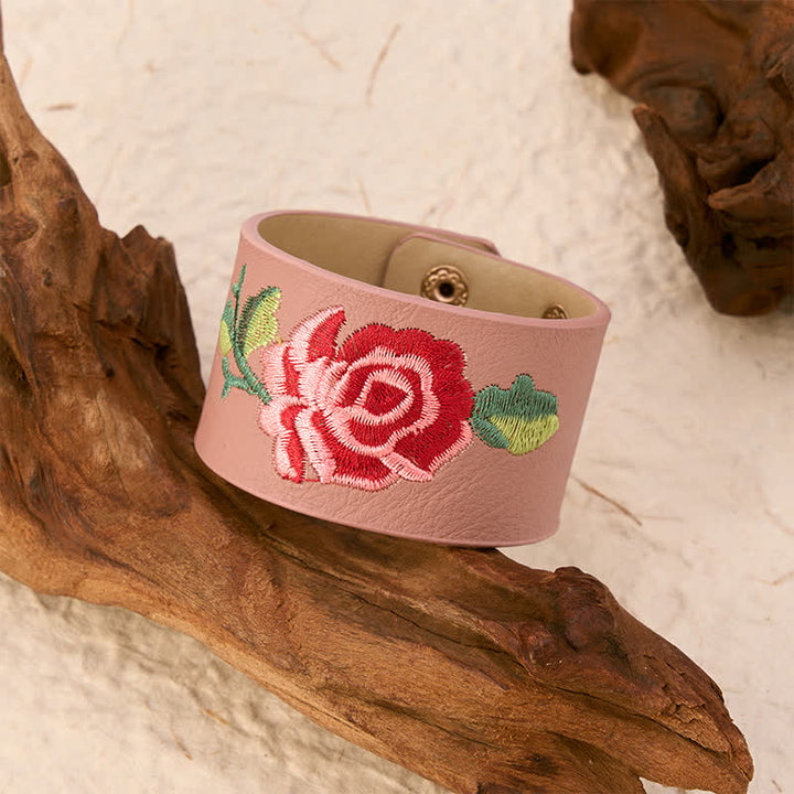 Buddha Stones Lederarmband mit Rosenstickerei und breiter Schutzschnalle - image 17