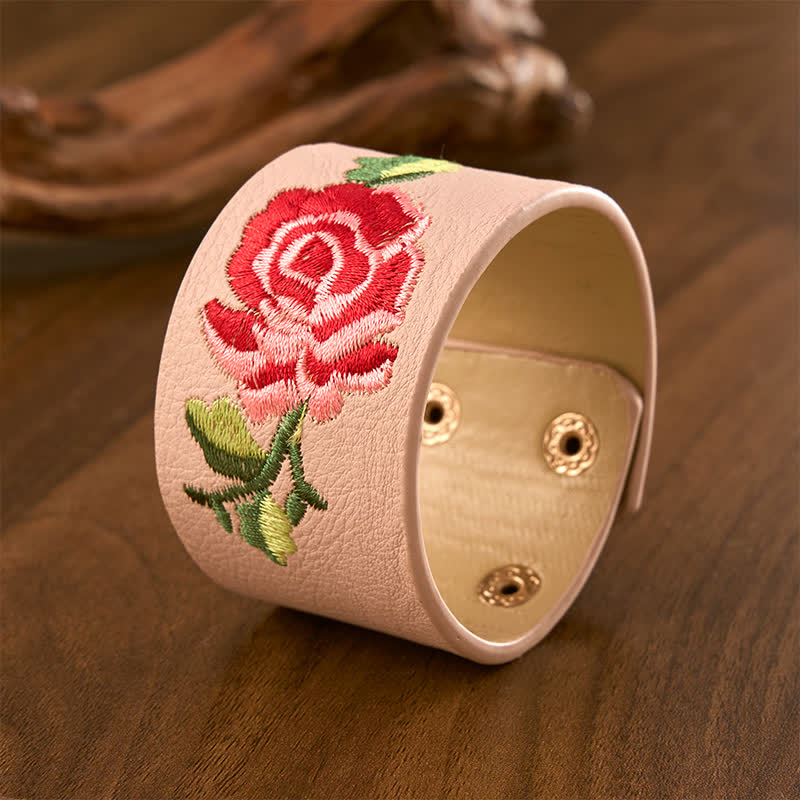 Buddha Stones Lederarmband mit Rosenstickerei und breiter Schutzschnalle - image 9