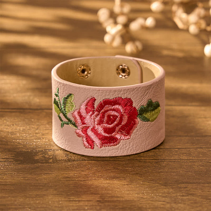 Buddha Stones Lederarmband mit Rosenstickerei und breiter Schutzschnalle - image 8