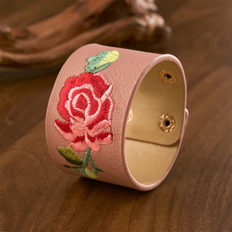 Buddha Stones Lederarmband mit Rosenstickerei und breiter Schutzschnalle - image 16