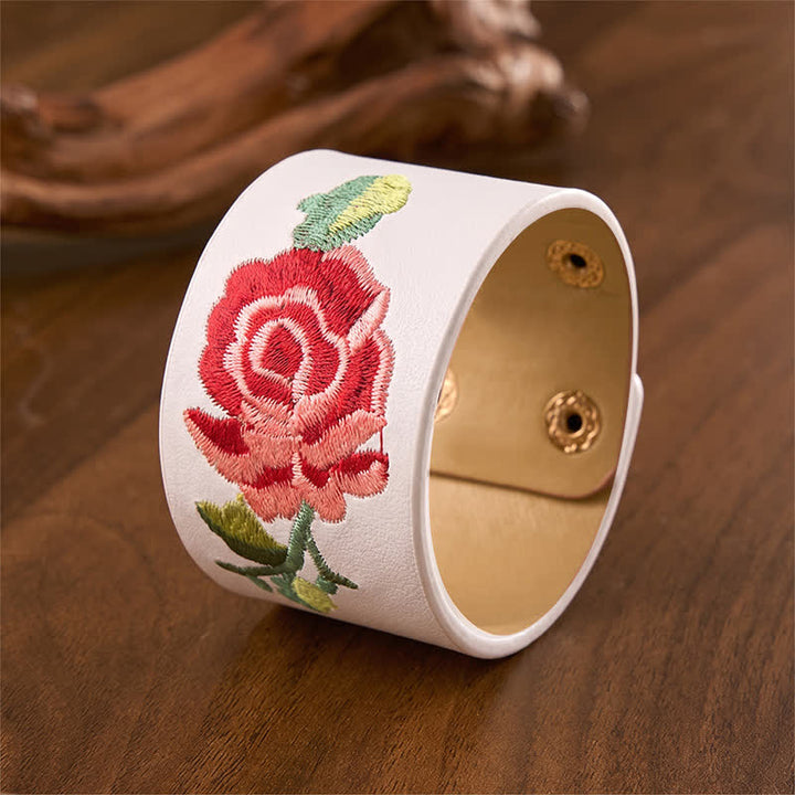 Buddha Stones Lederarmband mit Rosenstickerei und breiter Schutzschnalle - image 23
