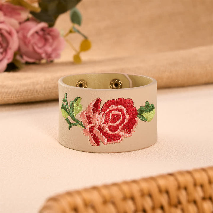 Buddha Stones Lederarmband mit Rosenstickerei und breiter Schutzschnalle - Beige-Rosa (Handgelenkumfang: ca. 15–18 cm) - image 7