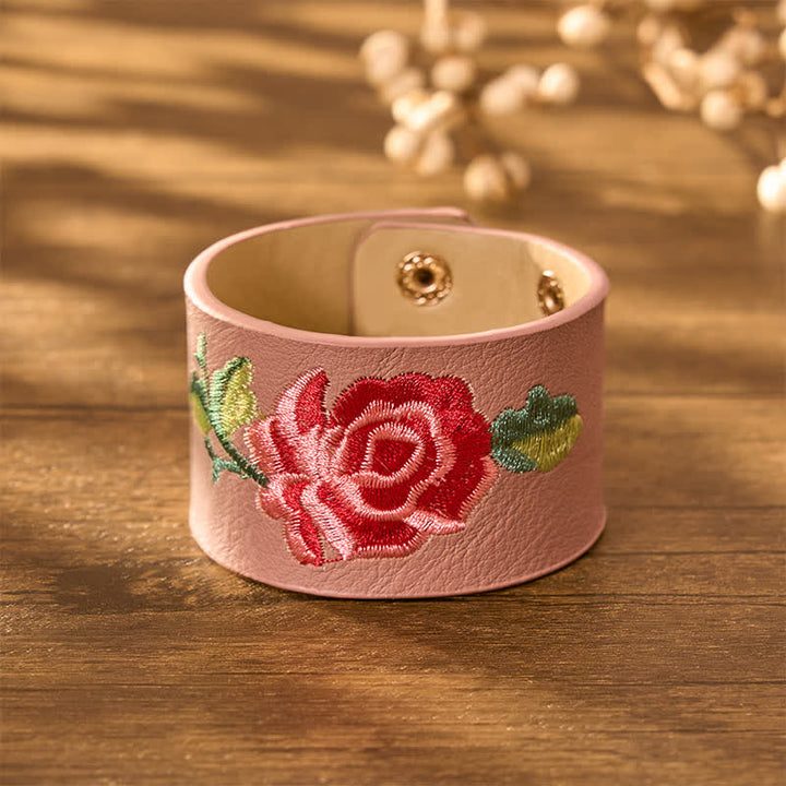 Buddha Stones Lederarmband mit Rosenstickerei und breiter Schutzschnalle - image 15