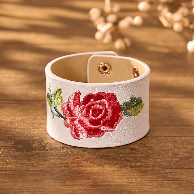Buddha Stones Lederarmband mit Rosenstickerei und breiter Schutzschnalle - image 22