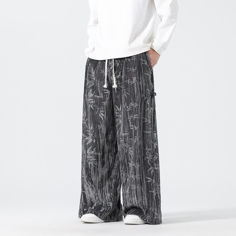 Buddha Stones Lässige Boho-Hose für Herbst und Winter, lange Herrenhose mit Kordelzug, abstraktem Bambusmuster, geradem Bein und Taschen - DimGray - US/ UK/AU44, EU54 (4XL) - image 0