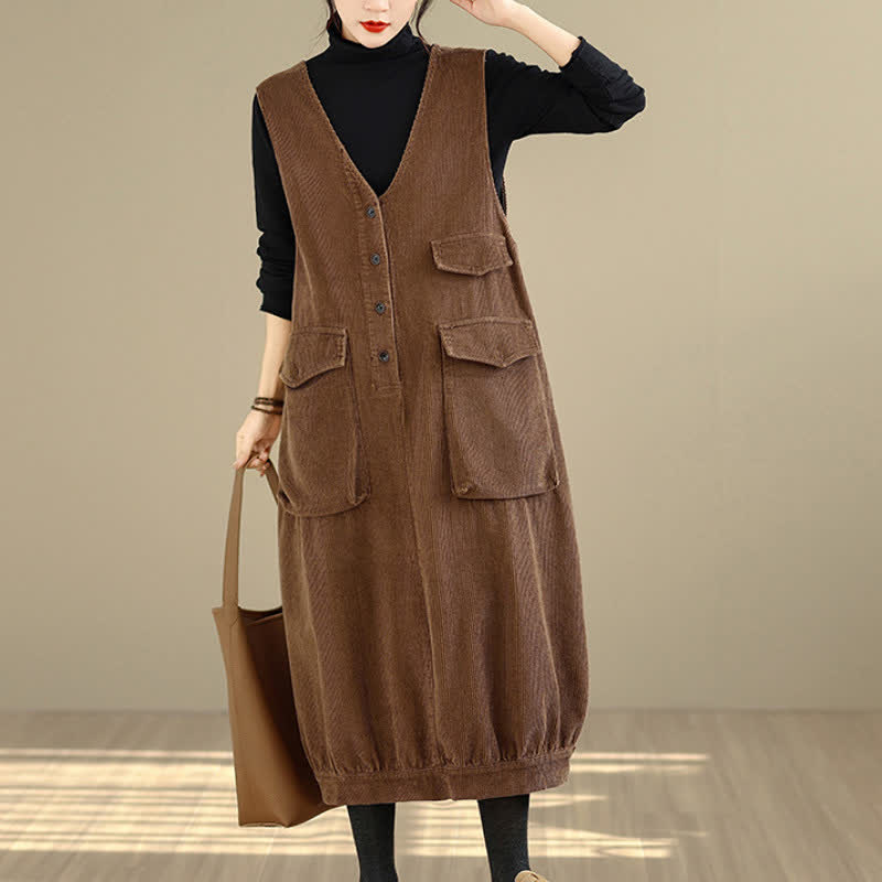 Buddha Stones Herbst/Winter Vintage Retro Knopfleiste, ärmelloses Cordkleid für Damen mit Taschen - Sienna - US 8-10, UK/AU 12-14, EU 40-42 (2XL) - image 1