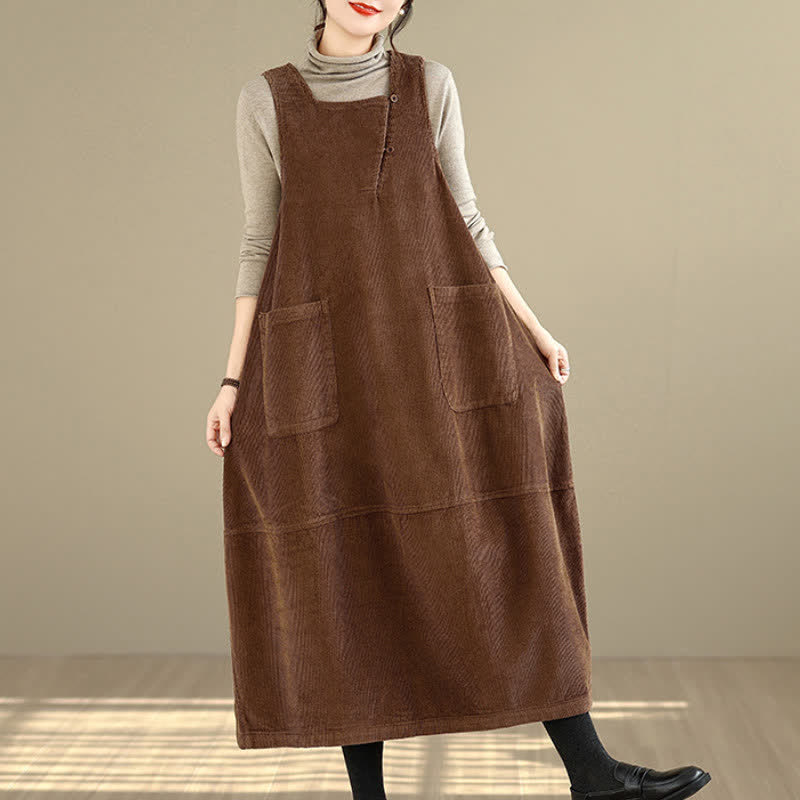 Buddha Stones Herbst/Winter Vintage Schlichtes, einfarbiges Damen-Winterkleid mit Rundhalsausschnitt, ärmellos und mit Taschen - Sattelbraun - US 8-10, UK/AU 12-14, EU 40-42 (2XL) - image 0