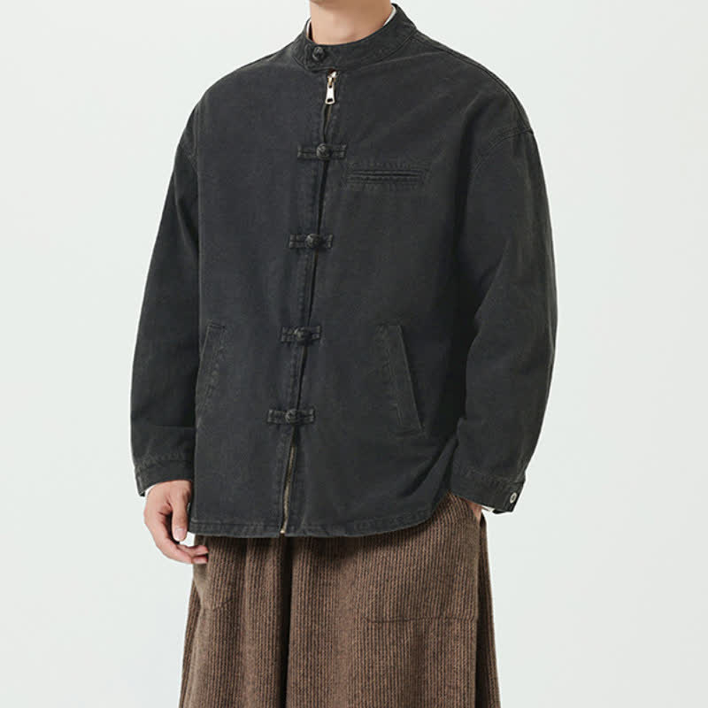Buddha Stones Lässige Herrenjacke im Vintage-Stil mit Mandarin-Kragen, Froschknopfverschluss und Taschen für Herbst und Winter - Schwarz - US/ UK/AU46, EU56 (5XL) - image 0