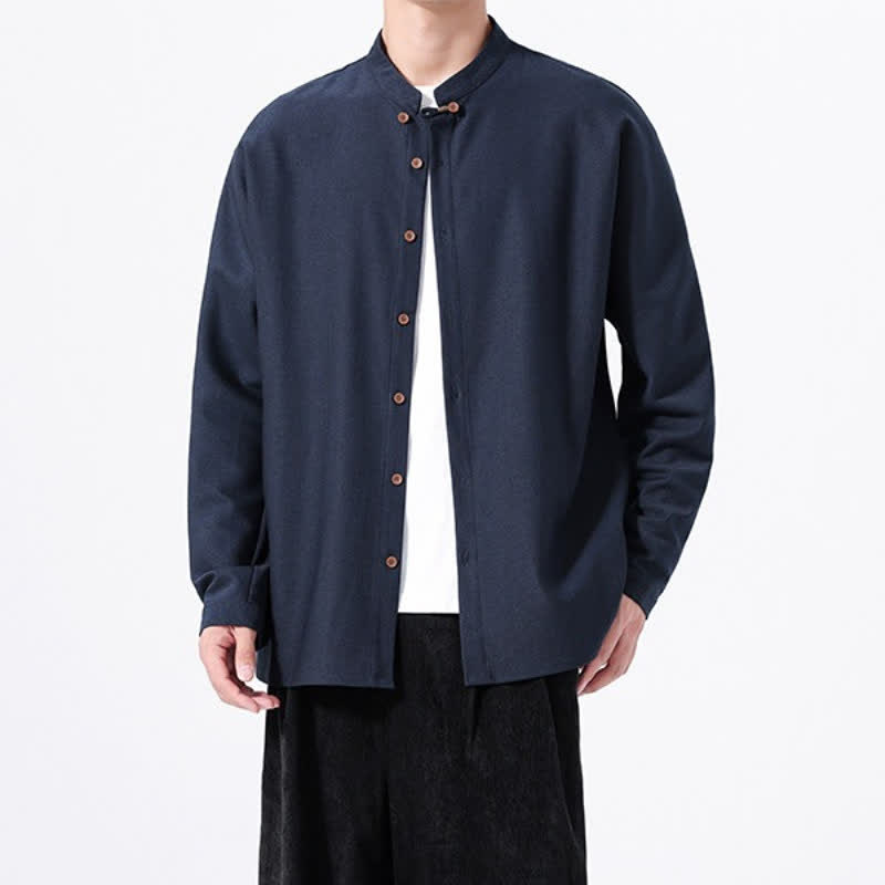 Buddha Stones Lässiges Herrenhemd im Tang-Stil mit Knopfleiste und langen Ärmeln - Marine - US/ UK/AU46, EU56 (5XL) - image 0