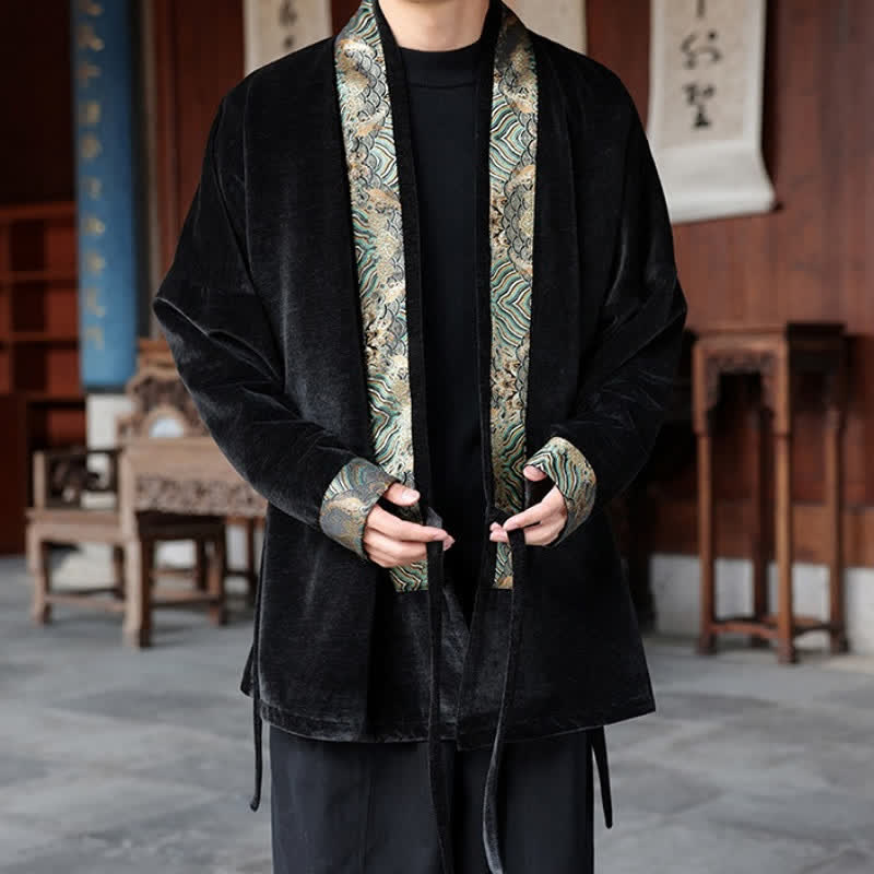 Buddha Stones Herbst/Winter Tang Style Vintage Kimono für Herren mit Kordelzug und Wellenbesatz - image 1
