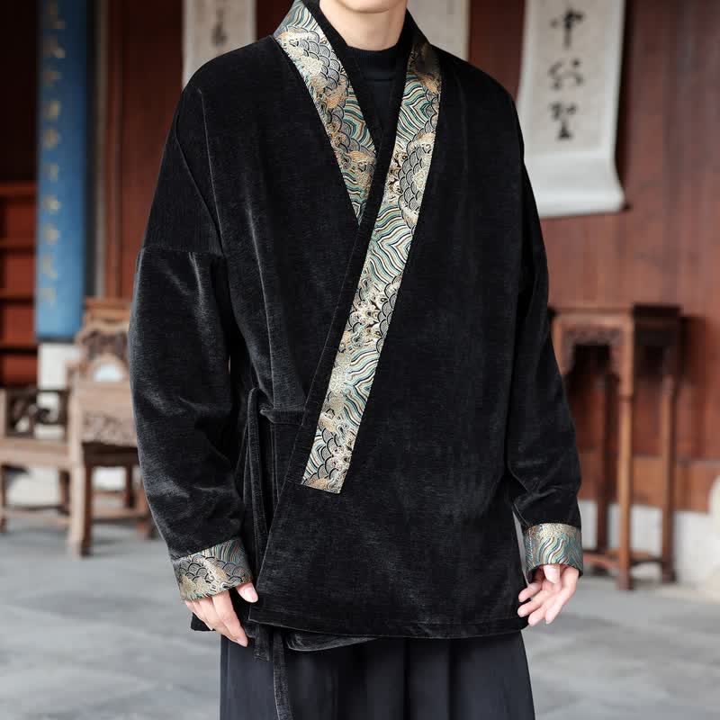 Buddha Stones Herbst/Winter Tang Style Vintage Kimono für Herren mit Kordelzug und Wellenbesatz - Schwarz - US/ UK/AU46, EU56 (5XL) - image 0