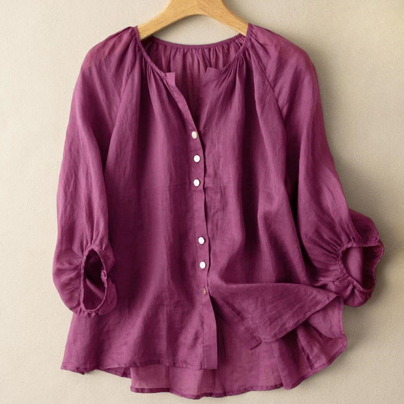 Buddha Stones Vintage Button Three Quarter Puff Sleeve V-Neck Damenhemd - Dunkelmagenta - US14, UK/AU18, EU46 (4XL) - image 5