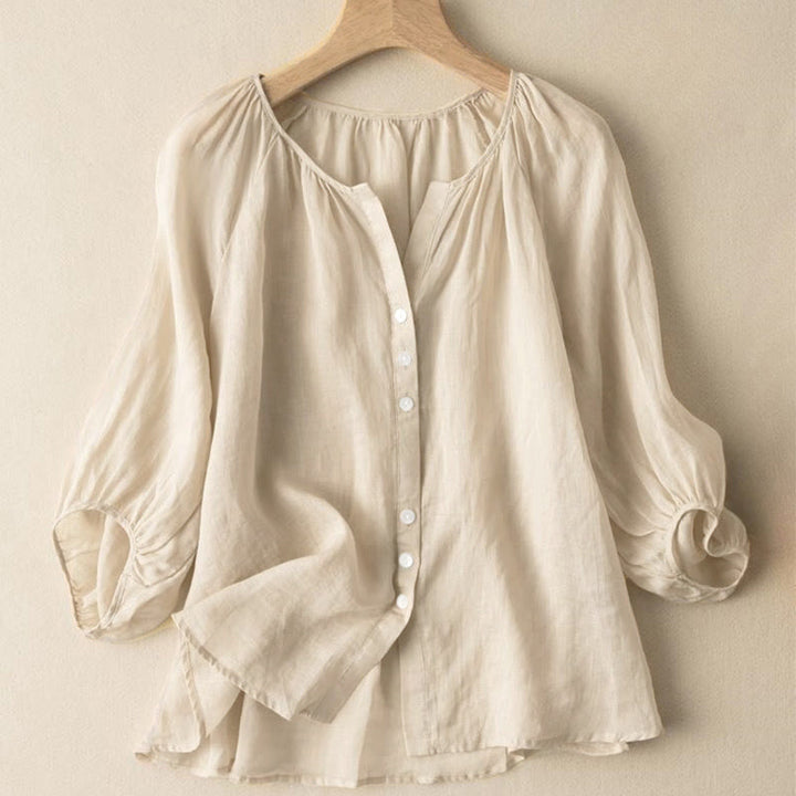 Buddha Stones Vintage Button Three Quarter Puff Sleeve V-Neck Damenhemd - Blassgoldenrode - US14, UK/AU18, EU46 (4XL) - image 9