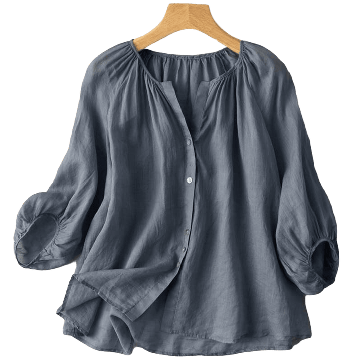 Buddha Stones Vintage Button Three Quarter Puff Sleeve V-Neck Damenhemd - image 2