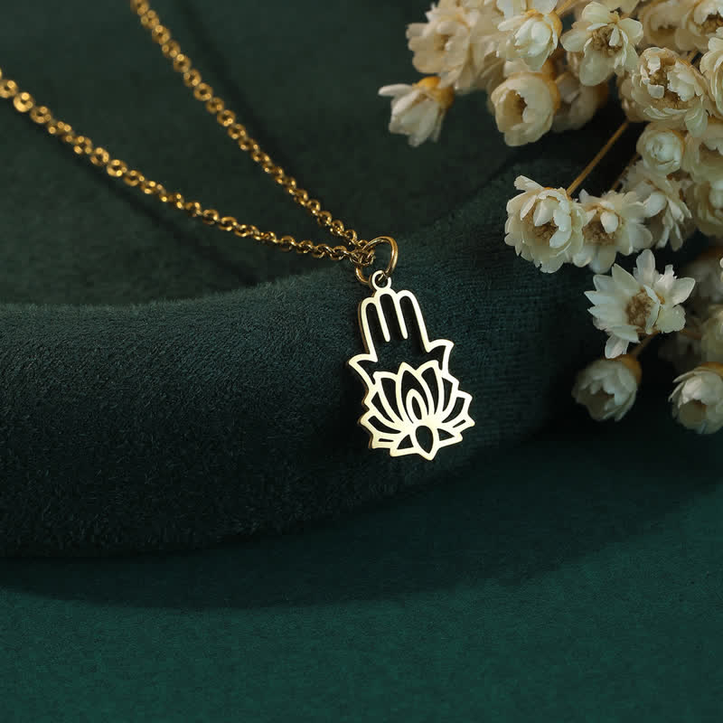 Buddha Stones Lotus-Hamsa-Halskette aus Titanstahl zum Schutz der Hände - Gold - image 3