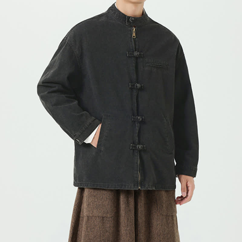 Buddha Stones Lässige Herrenjacke im Vintage-Stil mit Mandarin-Kragen, Froschknopfverschluss und Taschen für Herbst und Winter - image 1