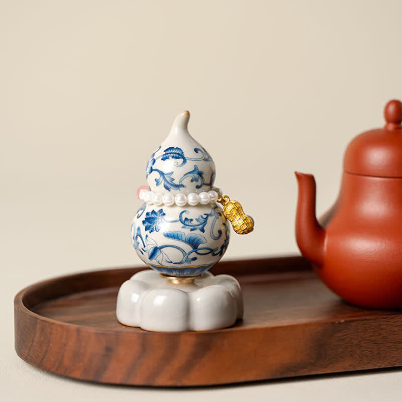 Buddha Stones Drehbarer Kürbis aus blauer und weißer Keramik, Lotusblume, für ein achtsames Wohnambiente - image 1