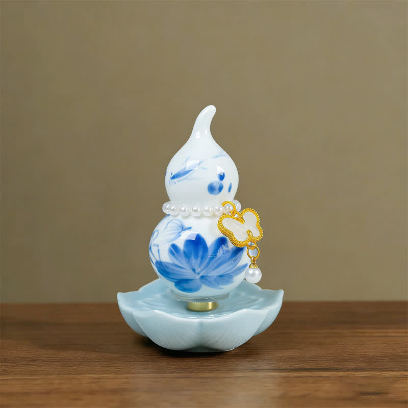 Buddha Stones Handbemalter Keramik-Pfingstrosenkürbis – Symbol für Wohlstand und Achtsamkeit - Blauer Porzellan-Lotus - Ca. 6 x 8 cm (zufälliges Zubehör) - image 0