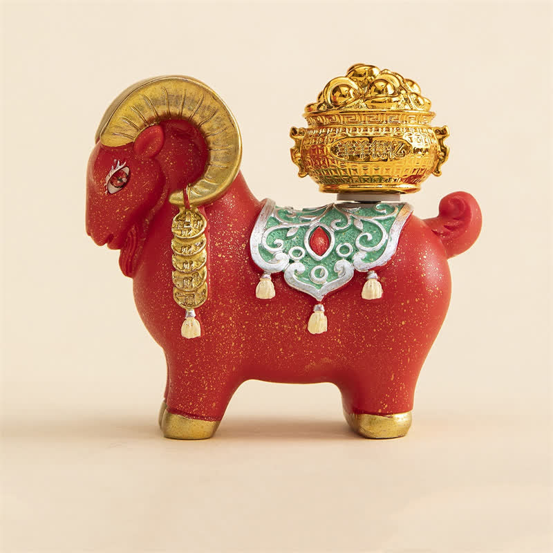 Buddha Stones Tierkreiszeichen-Figur aus Kunstharz: Ziege/Schaf mit Glücksbeutel – Niedliche Tierdekoration - Wohlstandsschaf - Rot - image 1