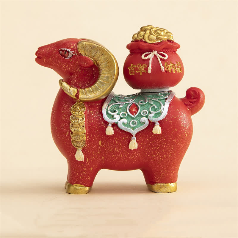 Buddha Stones Tierkreiszeichen-Figur aus Kunstharz: Ziege/Schaf mit Glücksbeutel – Niedliche Tierdekoration - Glücksschaf - Rot - image 7