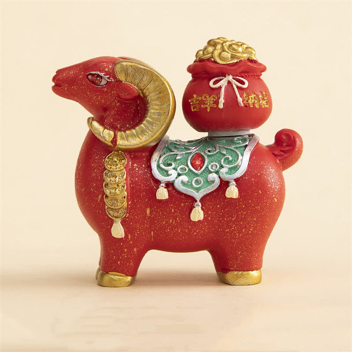 Buddha Stones Tierkreiszeichen-Figur aus Kunstharz: Ziege/Schaf mit Glücksbeutel – Niedliche Tierdekoration - Glücksschaf - Rot - image 7
