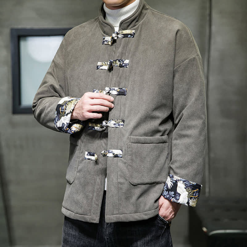 Buddha Stones Lässige Herrenjacke im Tang-Stil mit Stehkragen, weiß, mit Taschen - image 1