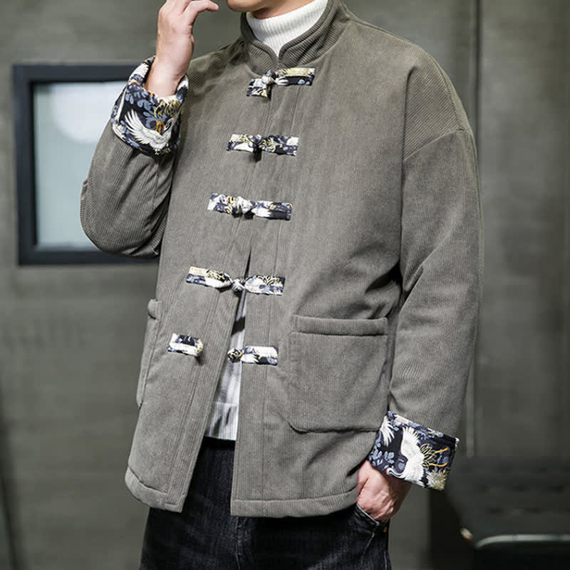 Buddha Stones Lässige Herrenjacke im Tang-Stil mit Stehkragen, weiß, mit Taschen - image 3